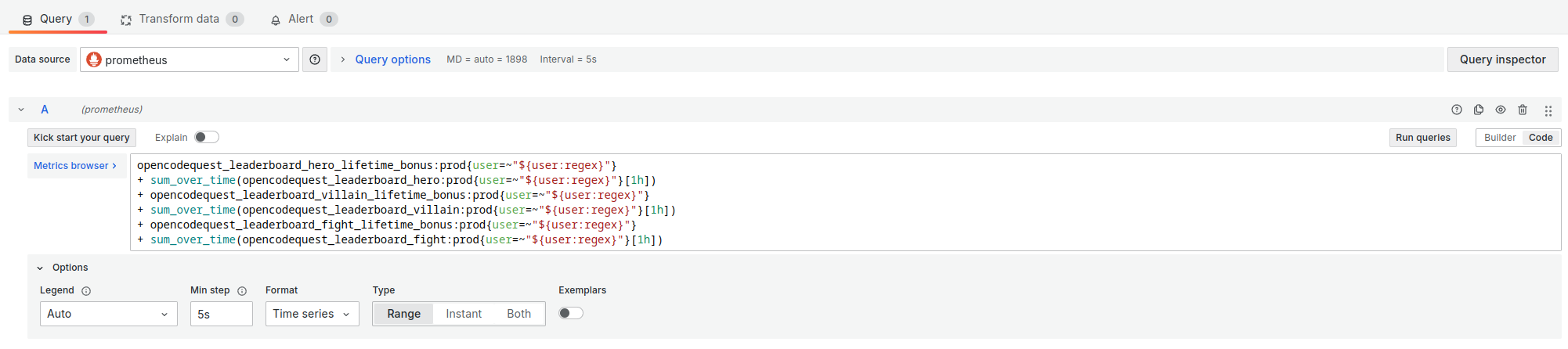 Grafana visualisation settings for score progression.