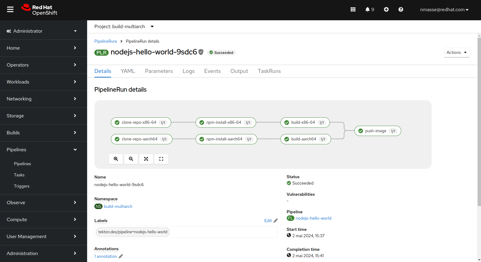 OpenShift console showing running the multi-architecture Tekton pipeline building a NodeJS application.