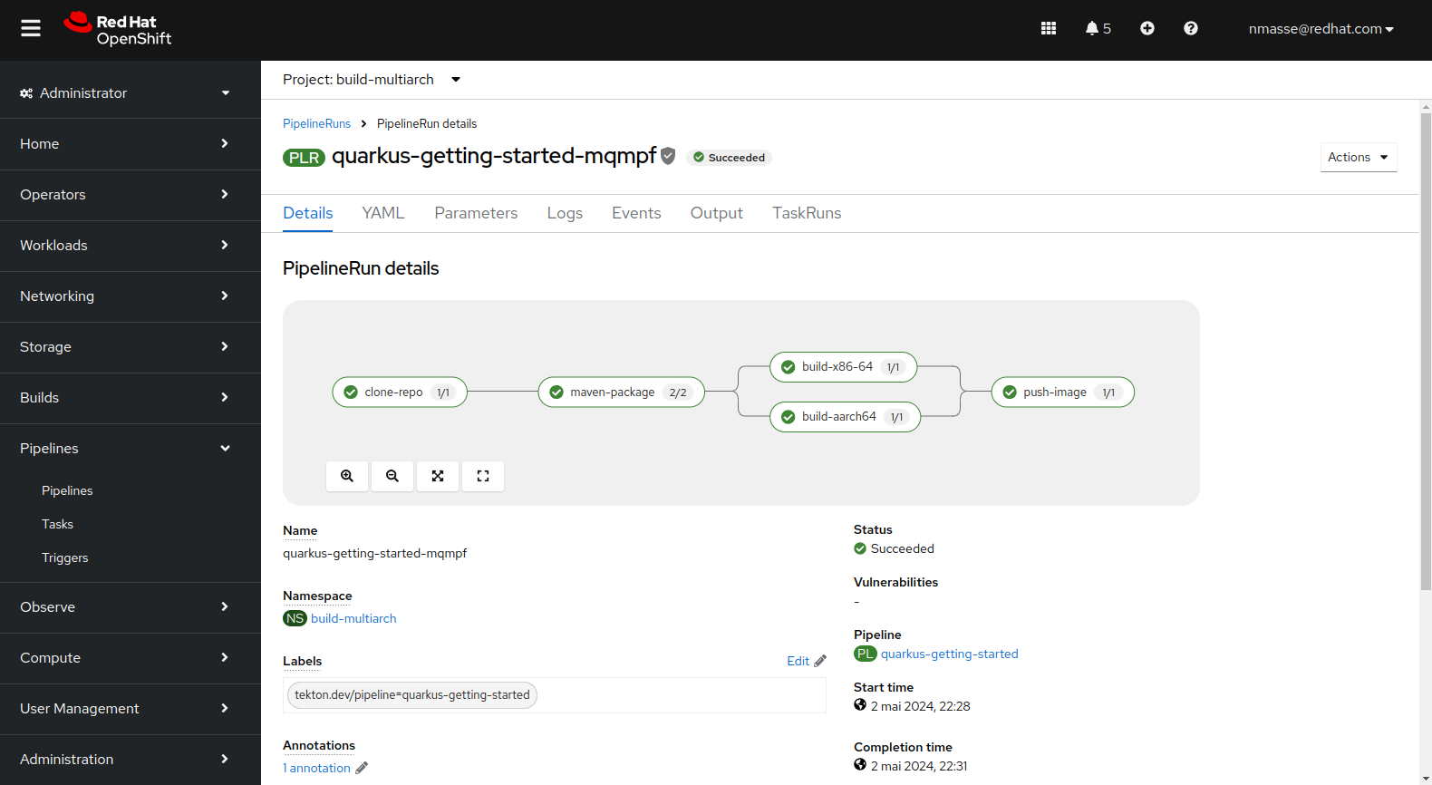 OpenShift console showing running the multi-architecture Tekton pipeline building a Quarkus application.