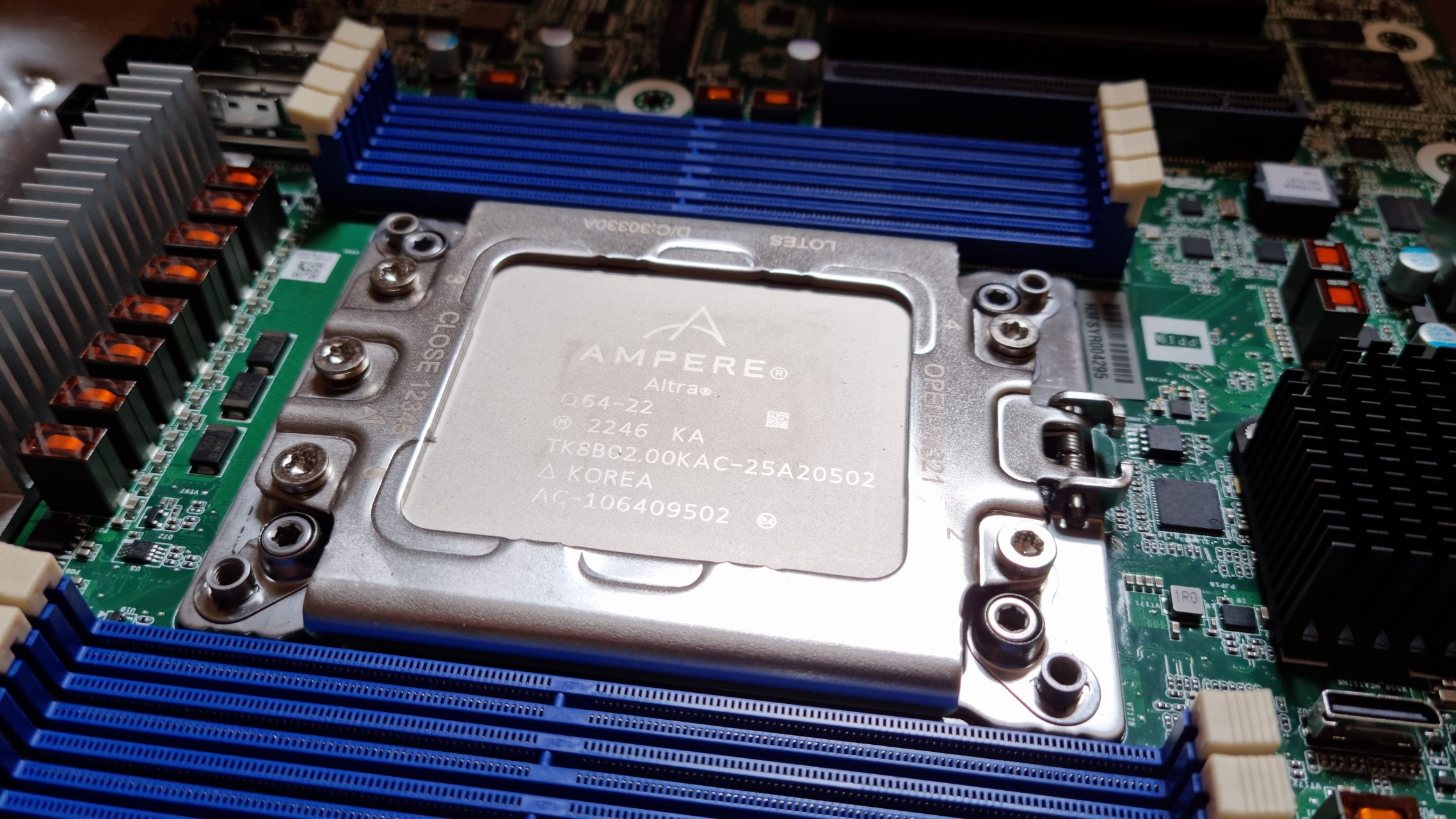 The Ampere Altra Q64-22 CPU, mounted on the ASRock Rack ALTRAD8UD-1L2T motherboard