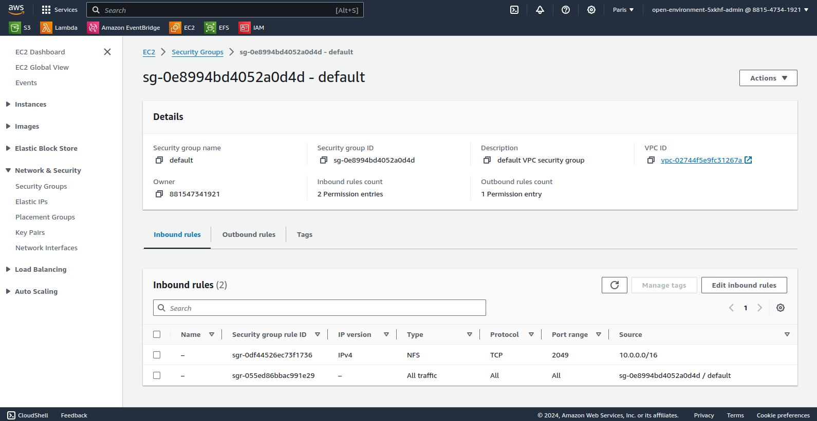 Console AWS montrant la configuration du Security Group EFS.